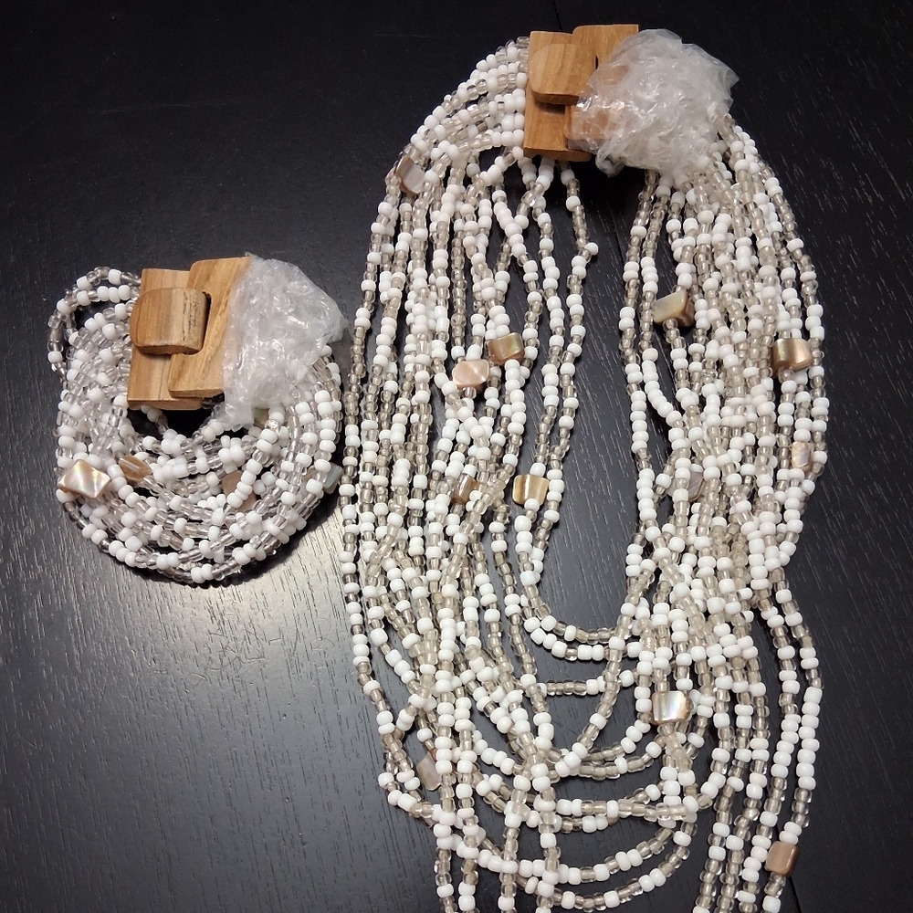 Multi-Strand White Beaded Necklace and Bracelet Set